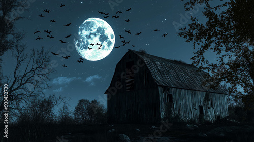 
Full Moon Night with Bats: A clear night sky with a full moon and bats flying across it. In the foreground, a dilapidated barn is surrounded by shadowy tree silhouettes. photo