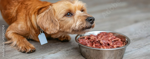 A golden dog eagerly sniffs a bowl of fresh meat, showcasing its curious nature and love for food on a wooden floor. photo