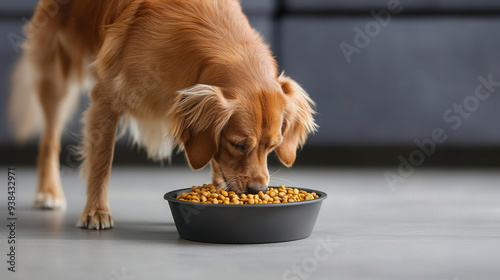 A golden dog enjoying a bowl of kibble on the floor, showcasing a playful and healthy pet lifestyle in a modern home setting. photo