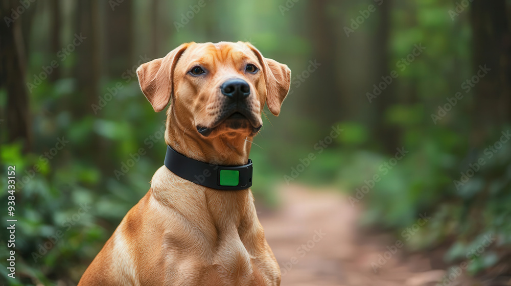 Large dog wearing a GPS-enabled collar on a hiking trail, surrounded by dense forest, emphasizing safety and location tracking during adventures Large dog wearing a GPS-enabled collar on a hiking trail, surrounded by dense forest, emphasizing safety and location tracking during adventures