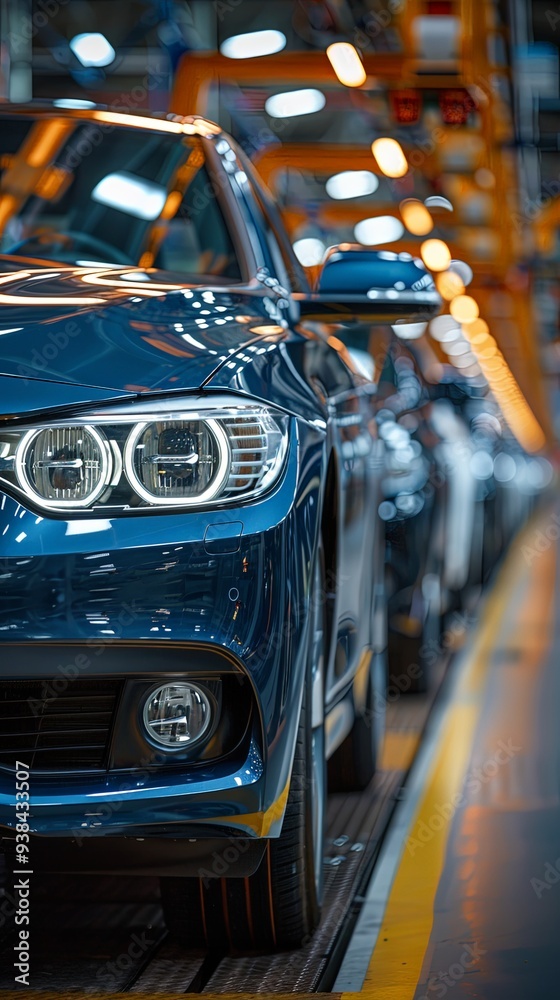 This photograph focuses on the headlights of a car moving along an assembly line in an automotive factory, highlighting attention to detail and precision in car manufacturing. This photograph focuses on the headlights of a car moving along an assembly line in an automotive factory, highlighting attention to detail and precision in car manufacturing.