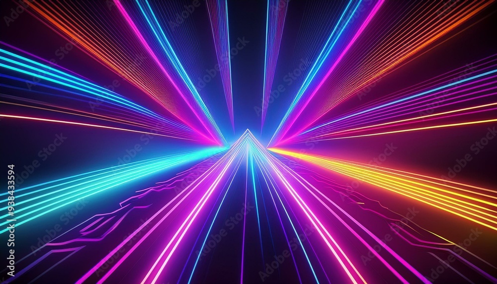 Fototapeta premium Abstract design with lines glowing with neon lights against a dynamic, cosmic background.
