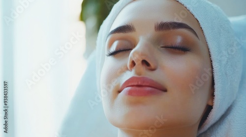 Close-up of a relaxed woman in an aesthetic medicine salon during a procedure, with a focus on her calm expression and the professional environment.