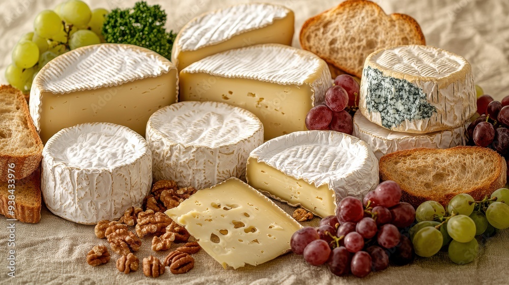 Variety of Artisan Cheeses with Grapes, Nuts, and Bread on a Rustic Table - Ideal for Gourmet Tasting and Culinary Photography Variety of Artisan Cheeses with Grapes, Nuts, and Bread on a Rustic Table - Ideal for Gourmet Tasting and Culinary Photography