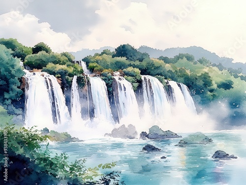 Pristine Waterfalls Cascading in Lush, Verdant Forest Landscape Under a Vibrant Sky with Misty Waters and Rocky Riverbed