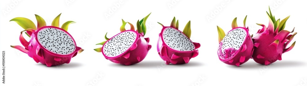 Dragon Fruit Halves and Whole Fruit Isolated on White Background Dragon Fruit Halves and Whole Fruit Isolated on White Background