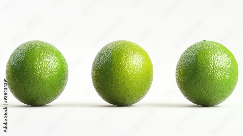 Three whole limes arranged in a row on a white background.