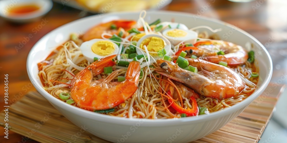 Authentic Rice Noodles in Shrimp Broth and Crab Fat Filipino Dish Pancit Palabok Authentic Rice Noodles in Shrimp Broth and Crab Fat Filipino Dish Pancit Palabok