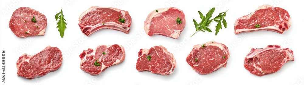 Raw Beef Steaks and Herbs on White Background Raw Beef Steaks and Herbs on White Background