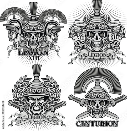 skull in ancient roman helmet of centurion