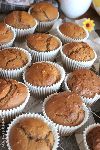 Fresh Baked Homemade Gingerbread Muffins with Buffalo Check and Sunflower Background