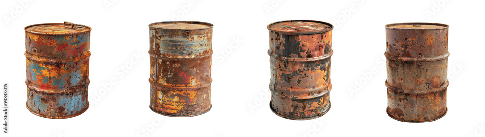 Weathered metal barrels showcasing vibrant rust patterns on Transparent Background. Weathered metal barrels showcasing vibrant rust patterns on Transparent Background.