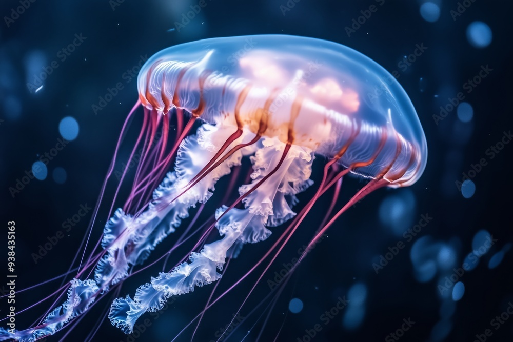 Close-up of a jellyfish floating gracefully in the ocean. Jellyfish with a translucent body and soft colors in the depths of the ocean. Close-up of a jellyfish floating gracefully in the ocean. Jellyfish with a translucent body and soft colors in the depths of the ocean.