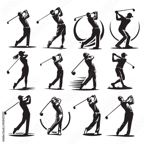 Black and white silhouette of a golf pro playing golf, Golf swing player pose vector silhouette black color