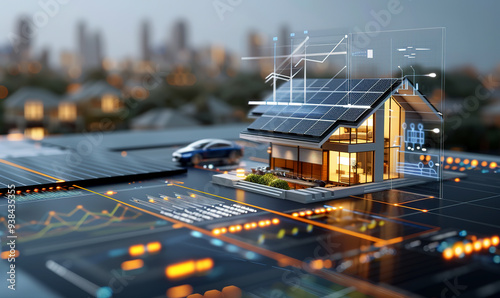 AI-powered smart house with solar panels on the roof