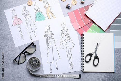 Sketches of stylish clothes and other fashion designer`s supplies on grey table, flat lay
