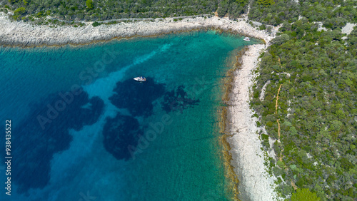 Aerial view of the blue lagoon of Losinj island on a sunny day