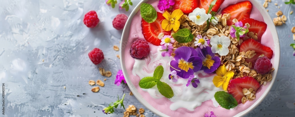 Naklejka premium Healthy smoothie bowls topped with fresh berries, flowers
