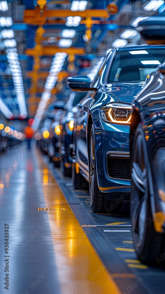 Blue cars are lined up on an assembly line in a modern car factory, representing efficiency and contemporary manufacturing processes in the automobile industry. Blue cars are lined up on an assembly line in a modern car factory, representing efficiency and contemporary manufacturing processes in the automobile industry.
