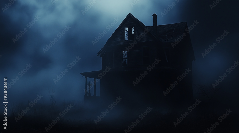 An old, abandoned house stands in darkness with broken windows. Fog drifts around, creating an eerie silhouette and enhancing the ghostly effect. An old, abandoned house stands in darkness with broken windows. Fog drifts around, creating an eerie silhouette and enhancing the ghostly effect.