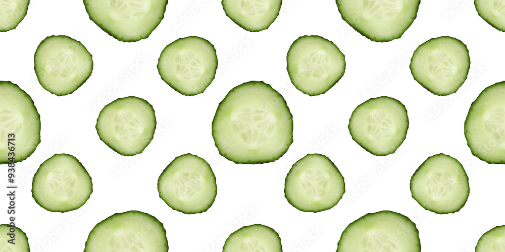 Round cucumber slices on white background, pattern design Round cucumber slices on white background, pattern design