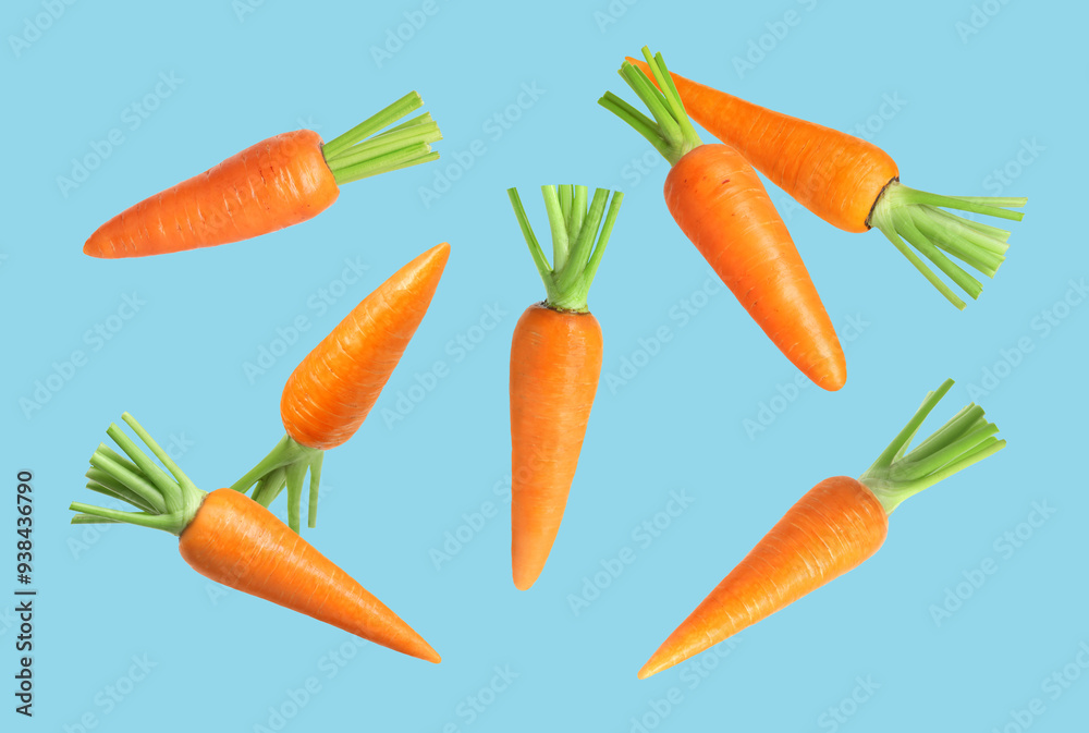 Whole ripe carrots in air on light blue background Whole ripe carrots in air on light blue background