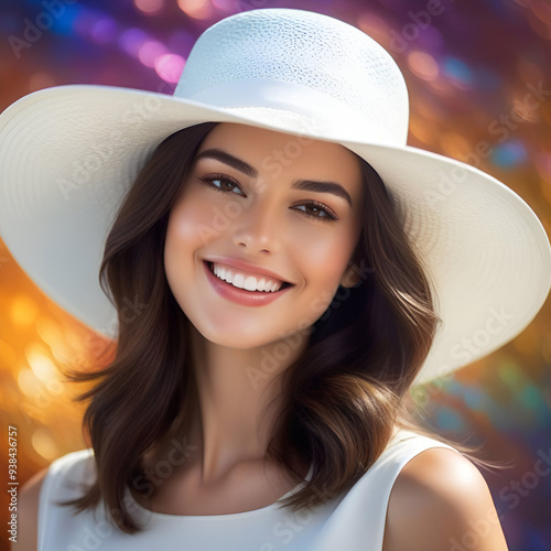 closeup of young happy girl with white hat