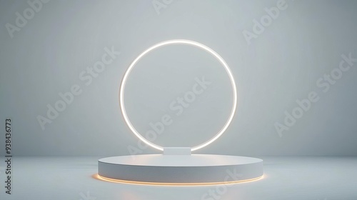 Circular 3D podium with subtle lighting and neutral colors, minimalist stage, modern presentation