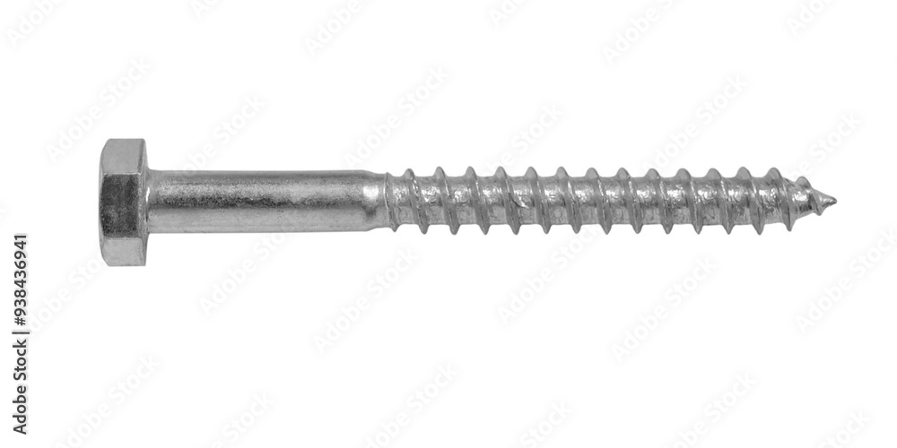 Hex head cap self tapping long wood screw isolated against a plain background, showing its design and functional details for construction applications