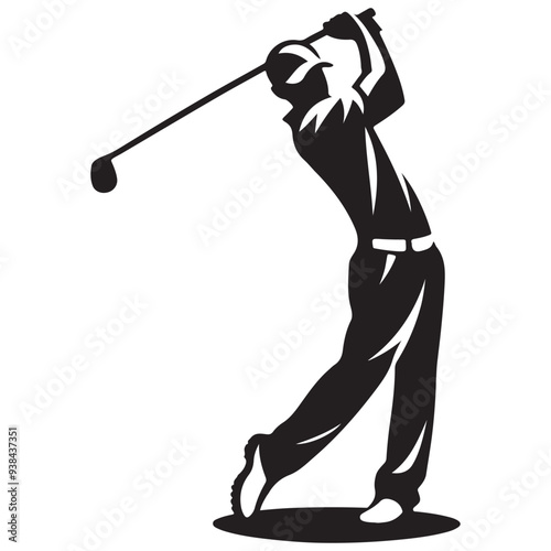 Black and white silhouette of a golf pro playing golf, Golf swing player pose vector silhouette black color
