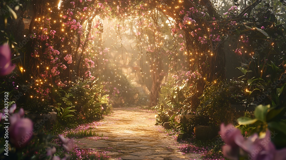 Obraz premium Enchanted Garden Path with Fairy Lights.