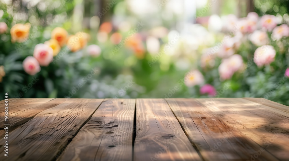 Empty wooden table in focus with a blurred blooming garden backdrop, perfect for product display or seasonal promotions in a fresh, natural setting. Empty wooden table in focus with a blurred blooming garden backdrop, perfect for product display or seasonal promotions in a fresh, natural setting.