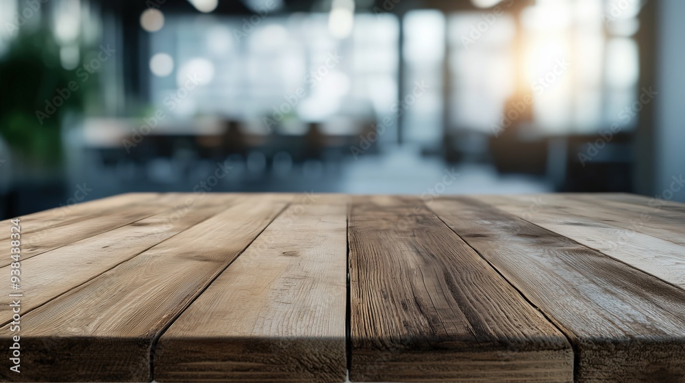 Empty wooden table in front of a blurred modern office interior, perfect for displaying office supplies, business products, or corporate presentations in a professional setting. Empty wooden table in front of a blurred modern office interior, perfect for displaying office supplies, business products, or corporate presentations in a professional setting.