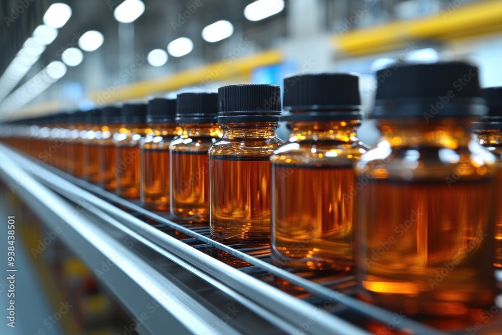 Amber bottles filled with liquid are lined up on a conveyor belt Amber bottles filled with liquid are lined up on a conveyor belt