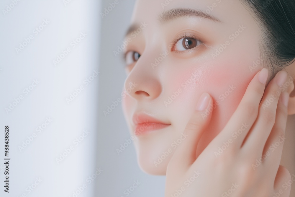 woman looking at her face in the mirror, with redness on one cheek and pink blush, content for medical and social publication about problem skin and cosmetology service, beauty poster, banner woman looking at her face in the mirror, with redness on one cheek and pink blush, content for medical and social publication about problem skin and cosmetology service, beauty poster, banner