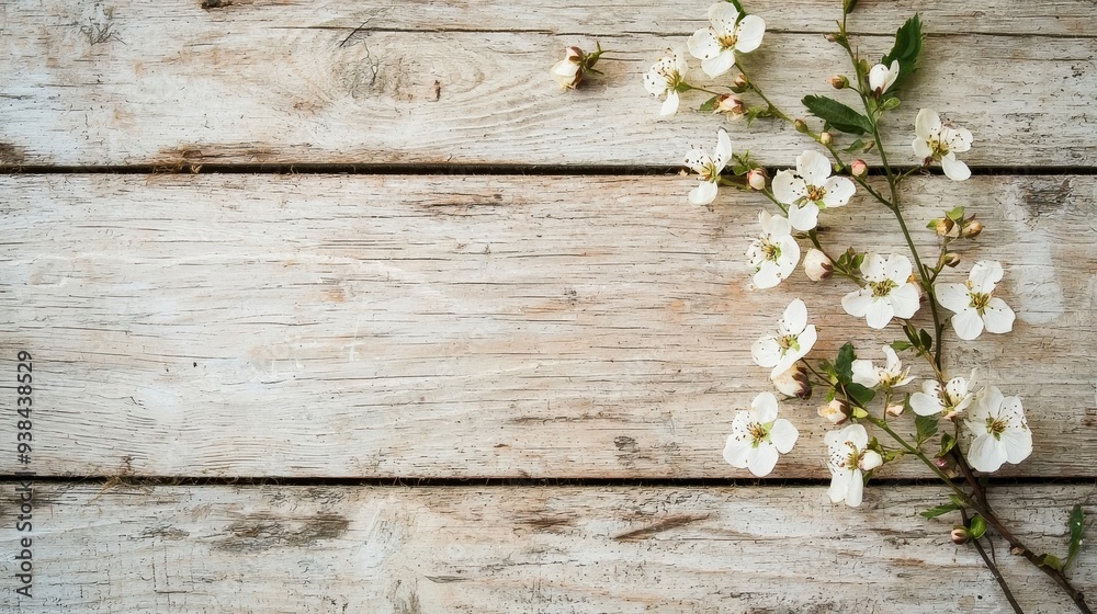 A branch of flowers on a wooden texture background, highlighting the contrast between the delicate floral elements and the rustic wood. A branch of flowers on a wooden texture background, highlighting the contrast between the delicate floral elements and the rustic wood.