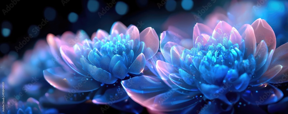 Beautiful glowing flowers in vibrant hues of blue and purple, creating a serene and magical atmosphere. Beautiful glowing flowers in vibrant hues of blue and purple, creating a serene and magical atmosphere.