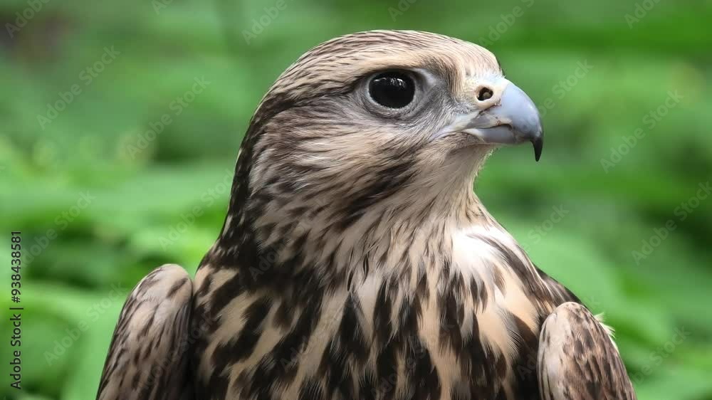 Saker falcon in the summer forest, green plants in a background (Falco cherrug) Saker falcon in the summer forest, green plants in a background (Falco cherrug)