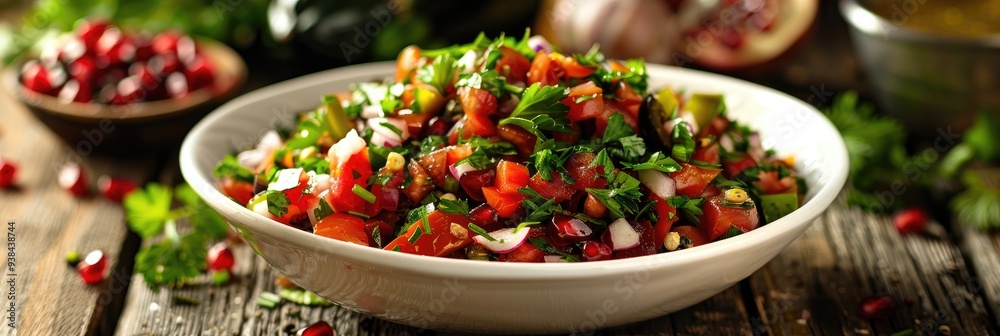 Zesty tomato and pepper salad featuring a mix of tomatoes, green peppers, garlic, onion, parsley, pepper paste, lemon juice, olive oil, pomegranate syrup, mint, red pepper, and salt. Zesty tomato and pepper salad featuring a mix of tomatoes, green peppers, garlic, onion, parsley, pepper paste, lemon juice, olive oil, pomegranate syrup, mint, red pepper, and salt.