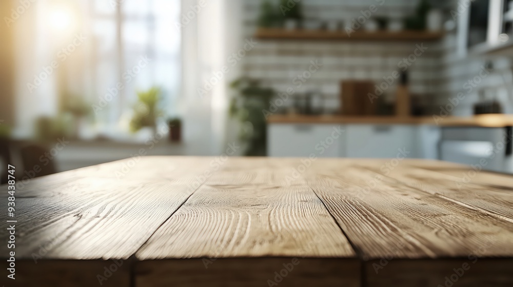 Wooden counter in front of a blurred modern kitchen backdrop, ideal for showcasing kitchen items or food products in a clean, inviting space. Wooden counter in front of a blurred modern kitchen backdrop, ideal for showcasing kitchen items or food products in a clean, inviting space.