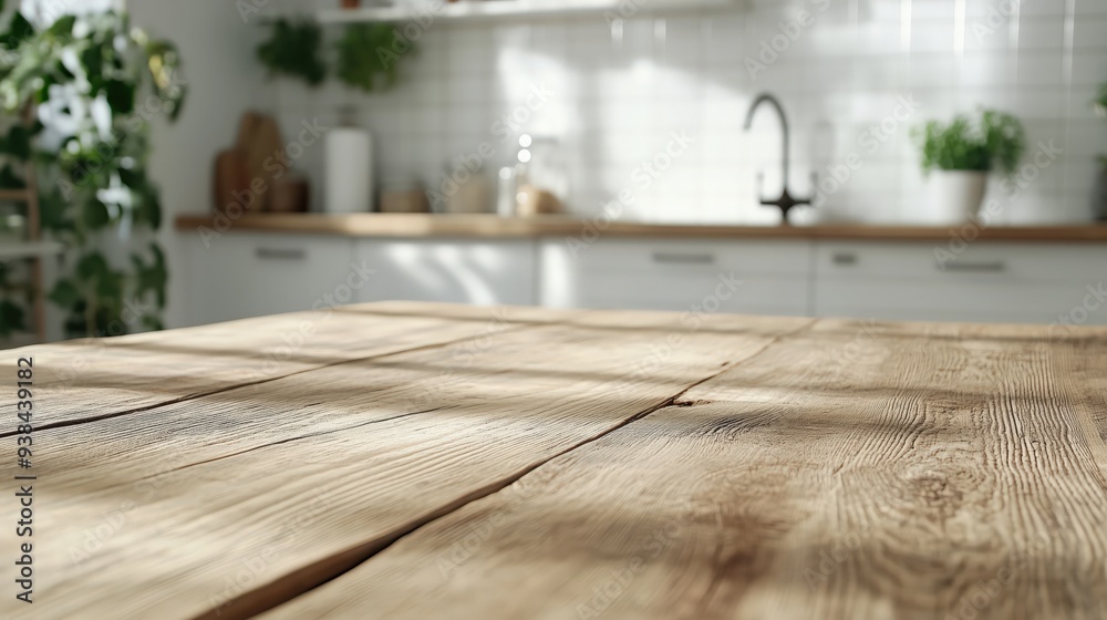 Rustic wooden table against a blurred contemporary kitchen setting, perfect for presenting kitchenware or culinary items in a stylish and organic environment. Rustic wooden table against a blurred contemporary kitchen setting, perfect for presenting kitchenware or culinary items in a stylish and organic environment.