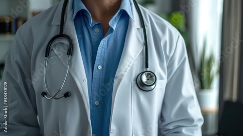 Closeup of a male doctor in a white lab coat with a stethoscope, committed to providing healthcare to patients