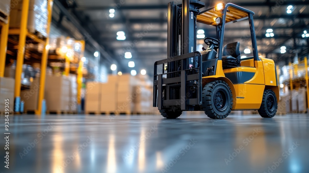An empty yellow forklift sits on a glossy warehouse floor between stacked shelving units, symbolizing readiness and organization in the industrial logistics process.