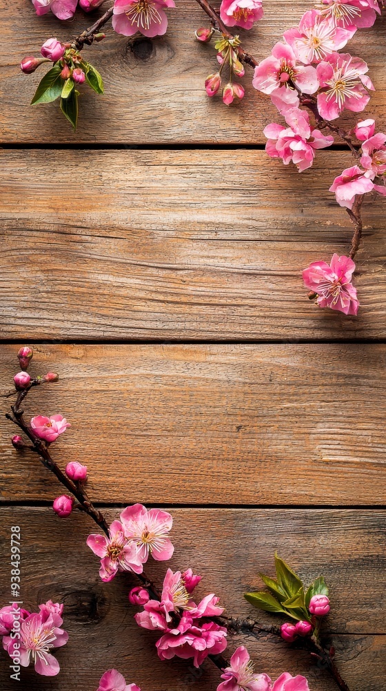 A branch of flowers on a wooden texture background, highlighting the contrast between the delicate floral elements and the rustic wood. A branch of flowers on a wooden texture background, highlighting the contrast between the delicate floral elements and the rustic wood.