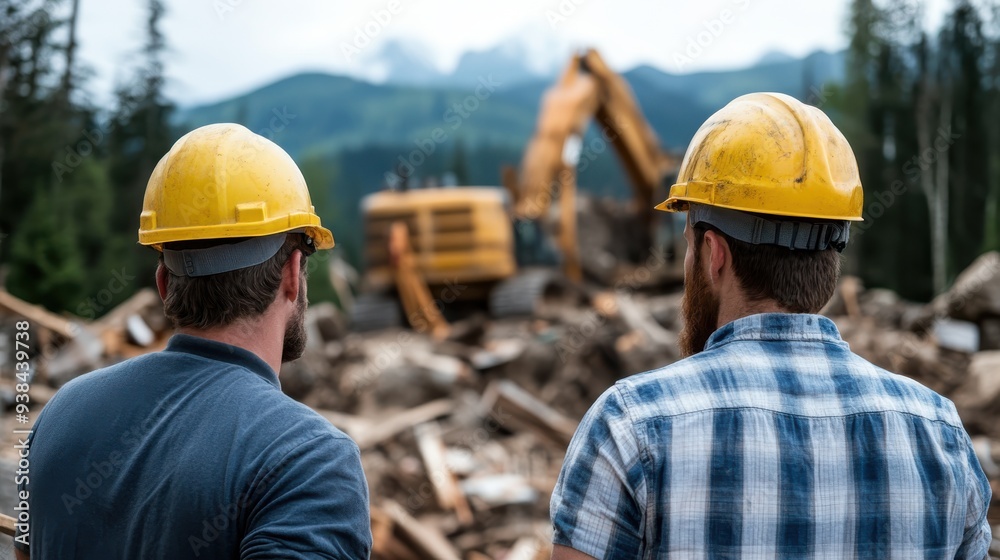 Two construction workers in safety gear observe a construction site with excavators operating, highlighting the diligence, teamwork, and industrious nature of the construction industry. Two construction workers in safety gear observe a construction site with excavators operating, highlighting the diligence, teamwork, and industrious nature of the construction industry.