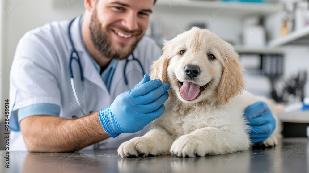 A veterinarian with blue gloves and a stethoscope around his neck is examining a golden retriever puppy on a table in an animal clinic, both appearing happy.