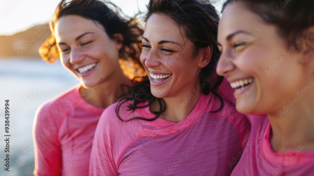 Fototapeta premium Women stretching and smiling on the beach, excited to compete in volleyball. Engaging in teamwork, fitness, and warming up for practice, training, and exercise