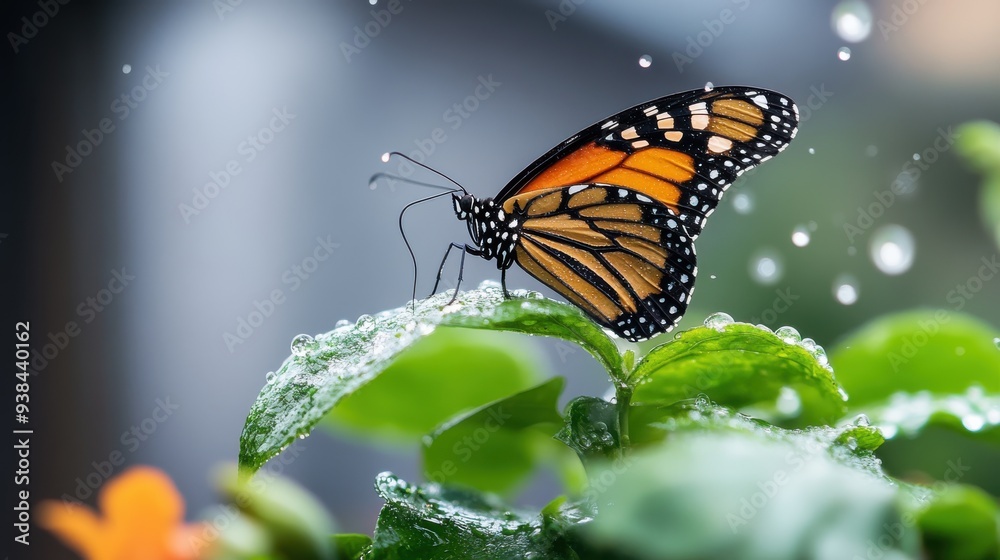 A delicate monarch butterfly perched on a leaf adorned with water droplets, set against a dewy background, symbolizing beauty, transformation, and nature's elegance. A delicate monarch butterfly perched on a leaf adorned with water droplets, set against a dewy background, symbolizing beauty, transformation, and nature's elegance.
