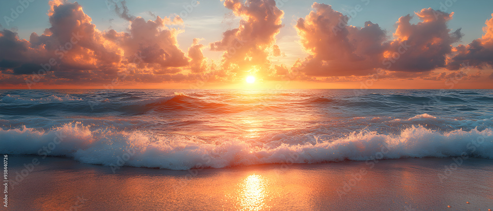 Fototapeta premium Dramatic sunset over the ocean with waves crashing on the shore.