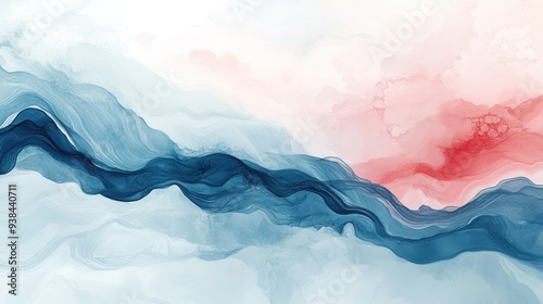 A painting of a blue and red wave with a white background